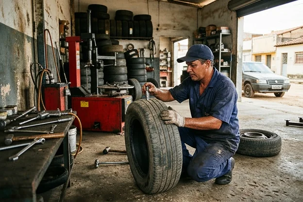 Mecânico fazendo manutenção nos pneus de um carro.