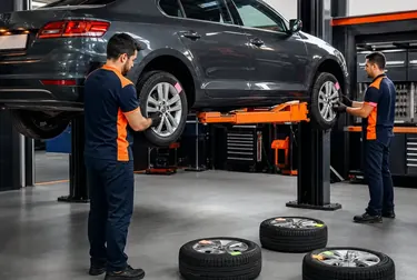 Mecânicos fazendo o rodízio dos pneus de um automóvel.