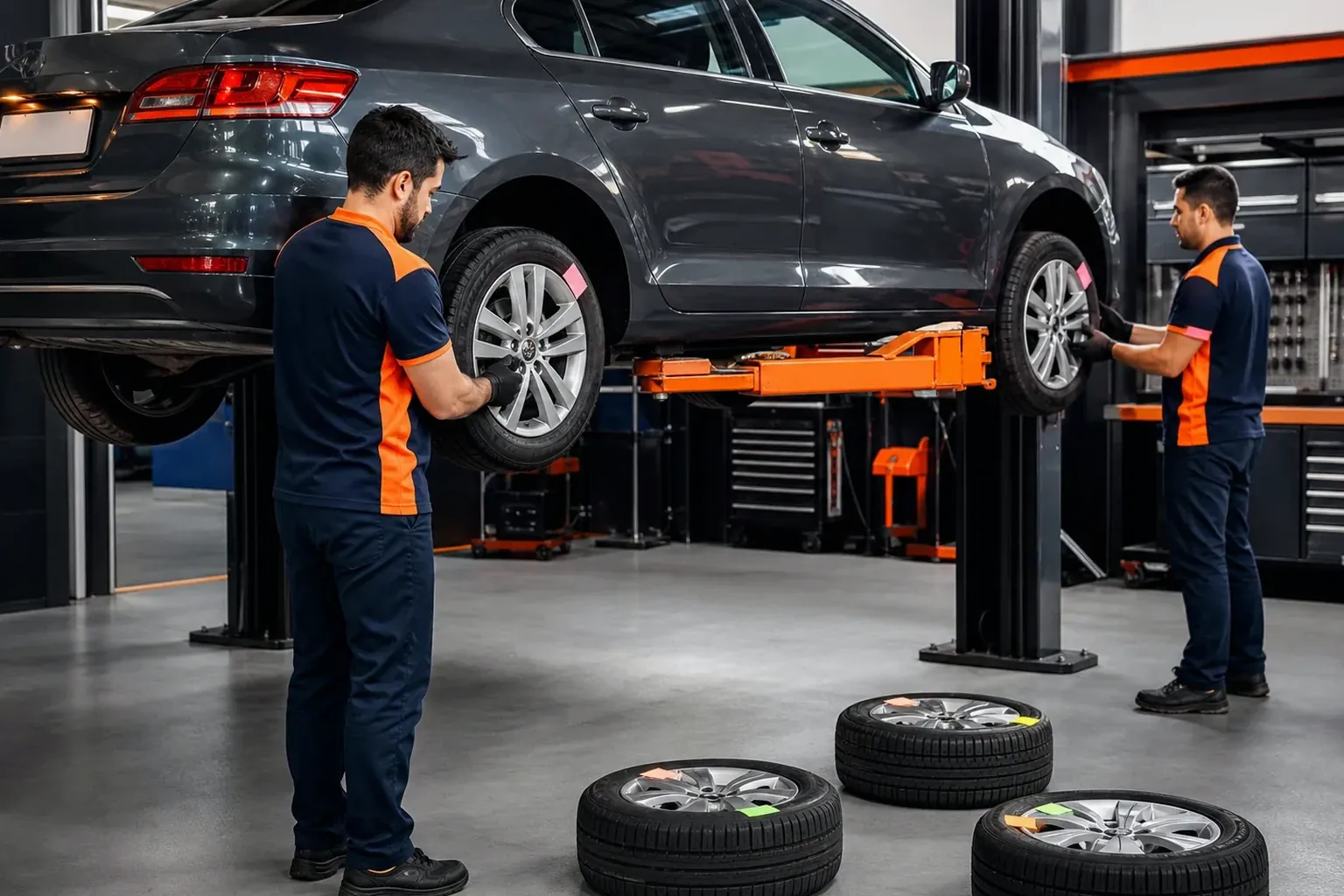 Mecânicos fazendo o rodízio dos pneus de um automóvel.