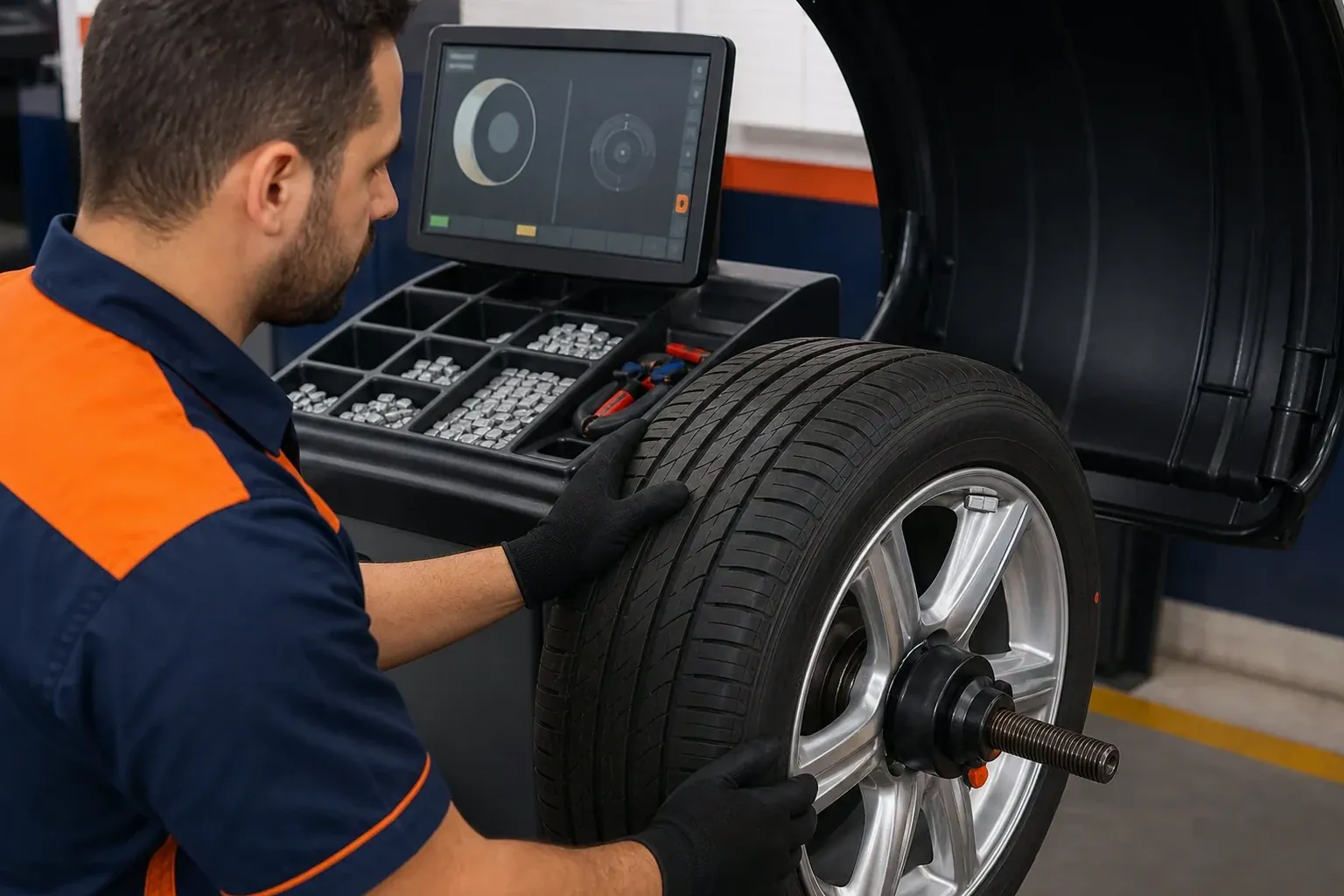 Profissional realizando balanceamento de rodas de um carro.