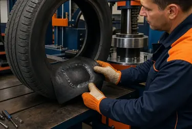 Profissional realizando vulcanização de um pneu.
