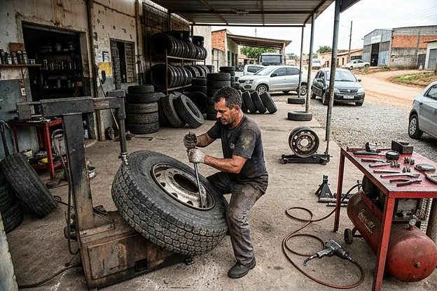 Serviços de borracharia em Itapipoca com diversos pneus e equipamentos.
