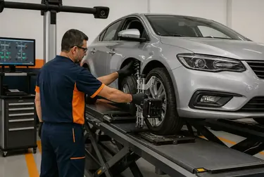Técnico ajustando o alinhamento das rodas de um veículo.