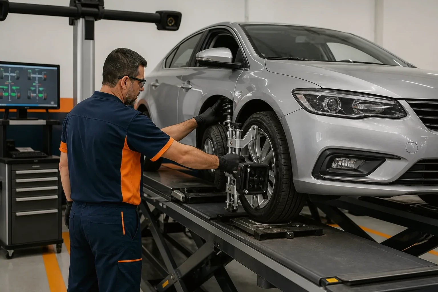 Técnico ajustando o alinhamento das rodas de um veículo.
